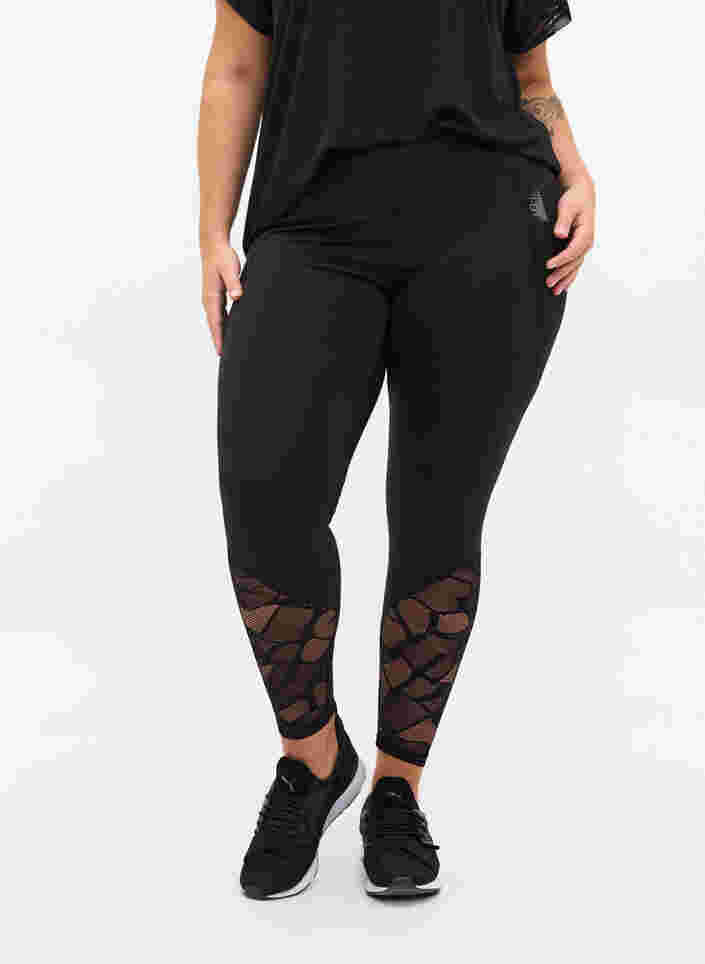 Cropped tights med mønstret mesh, Black, Model image number 3