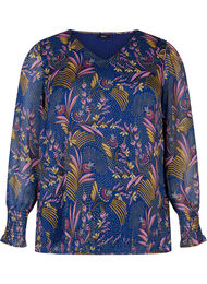 Blomstrete bluse med lange ermer og V-hals, Blue w. Pink Leaf