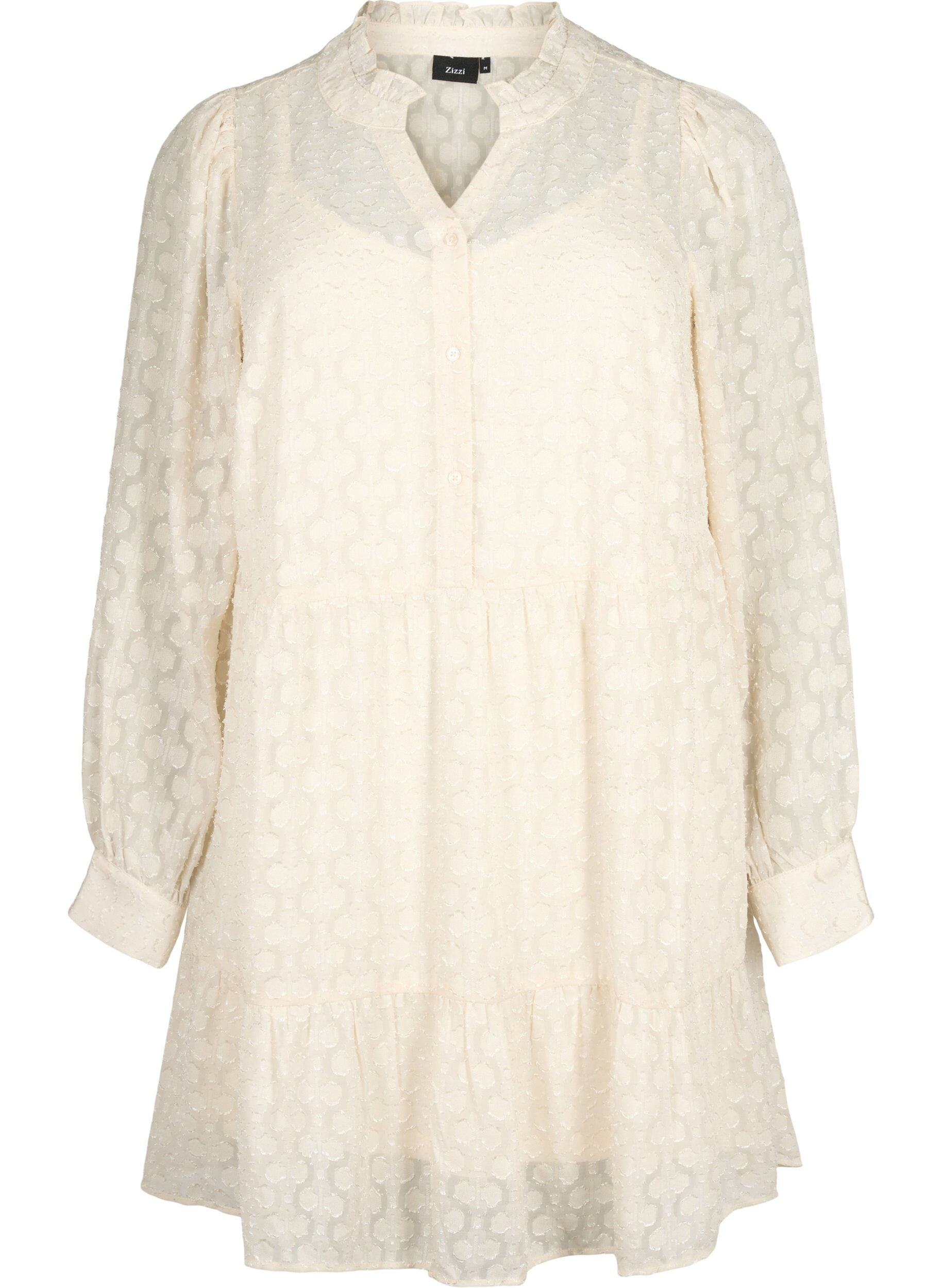 Zizzi Jacquard kjole med volangkrage, Birch, Packshot image number 0