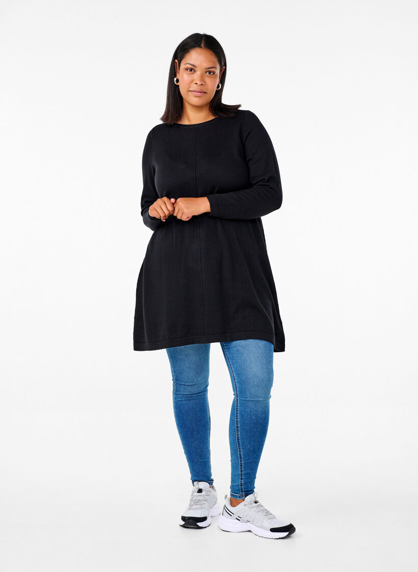 Strikket kjole i bomull og viskoseblanding, Svart, Model image number 1