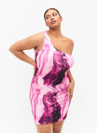 Tettsittende one-shoulder kjole med mønster, Raspberry Rose AOP, Model