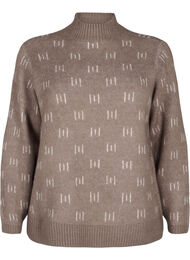 Strikket bluse med mønster og høy hals, Walnut Mel. Comb