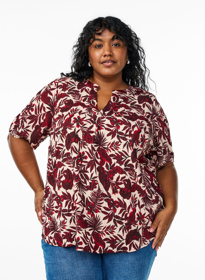 Bluse med blomsterprint og korte ermer, Rød, Model image number 0