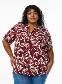 Bluse med blomsterprint og korte ermer, Rød Bluse med blomsterprint og korte ermer, Rød, Model