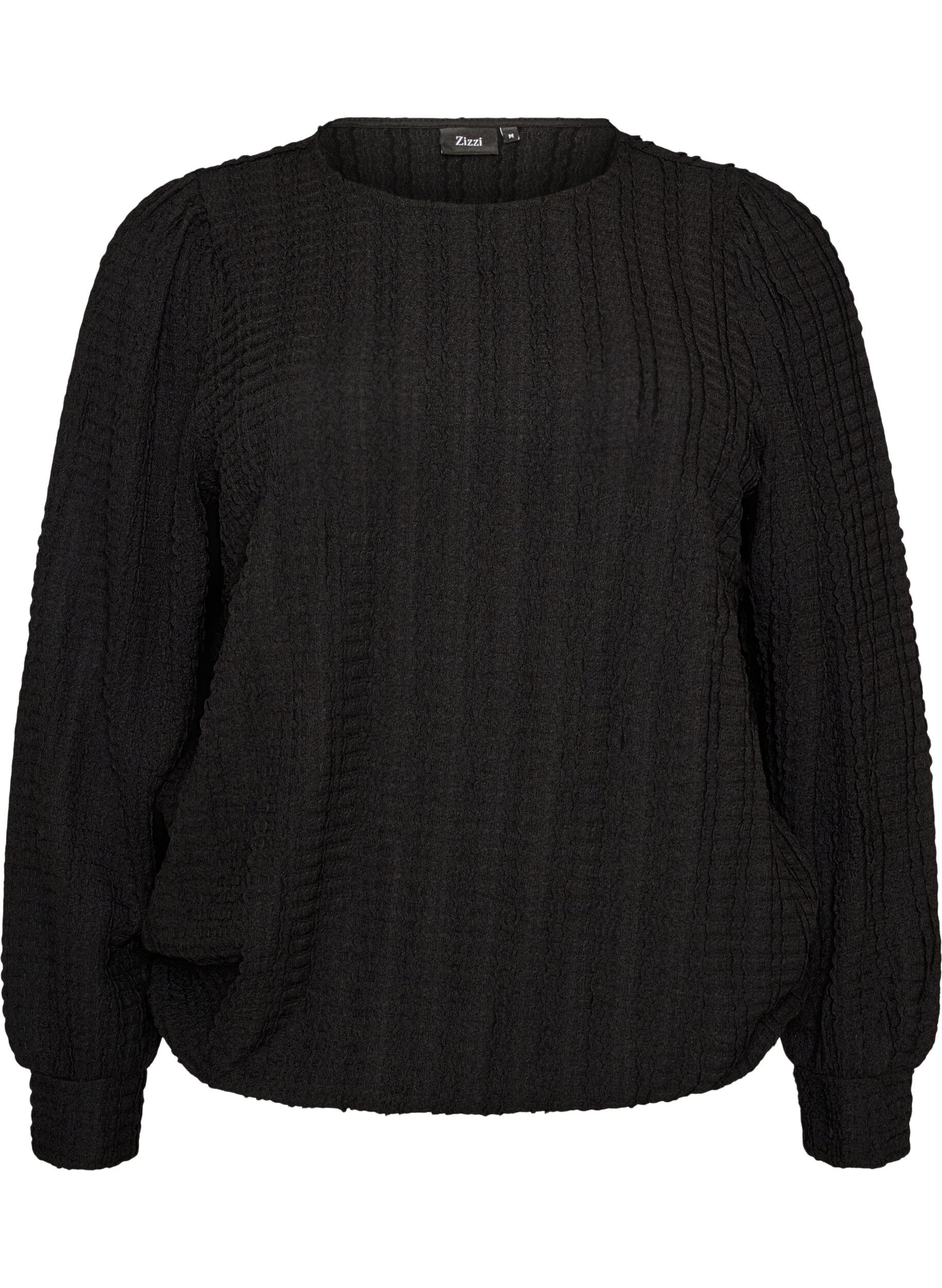 ZizziJerseybluse med struktur og ballongsilhuett, Svart, Packshot image number 0
