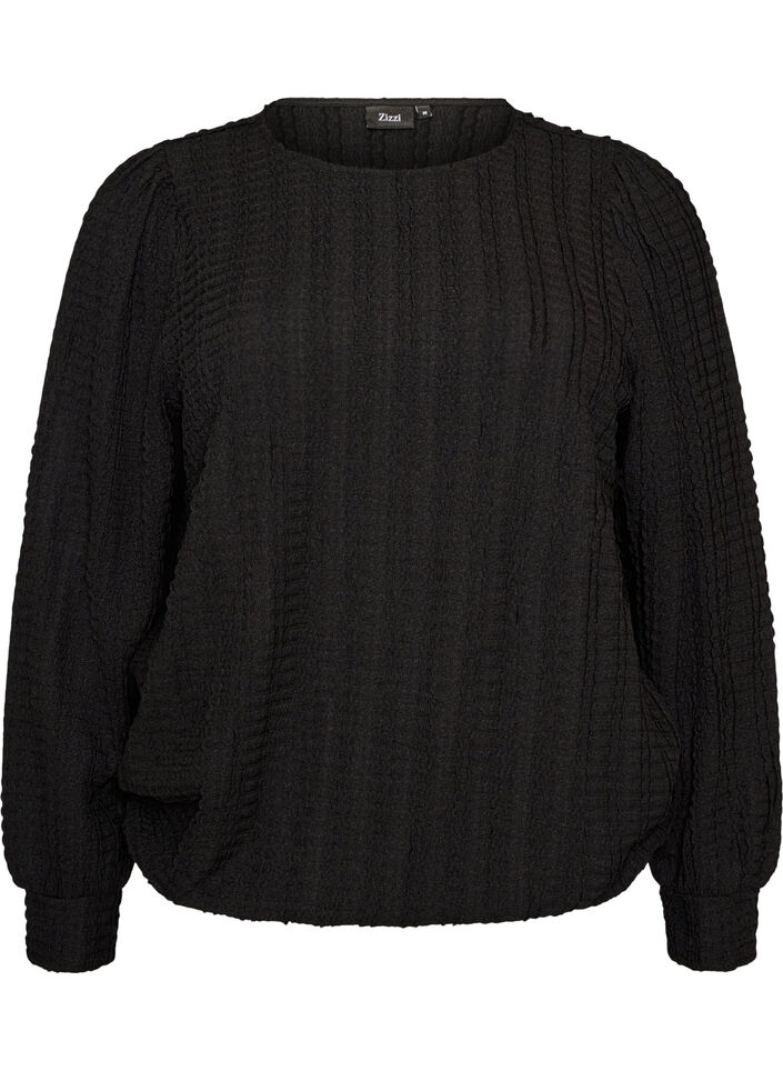 Jerseybluse med struktur og ballongsilhuett, Svart, Packshot image number 0