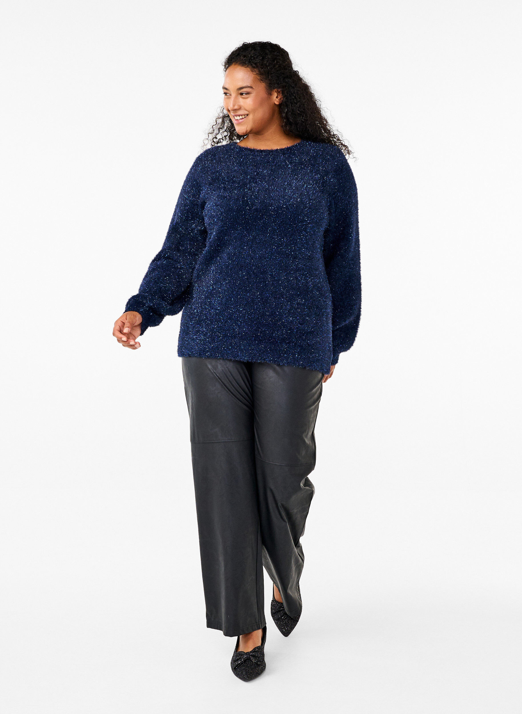 Zizzi Strikket bluse med glittertr&aring;d, Bl&aring;, Model image number 1