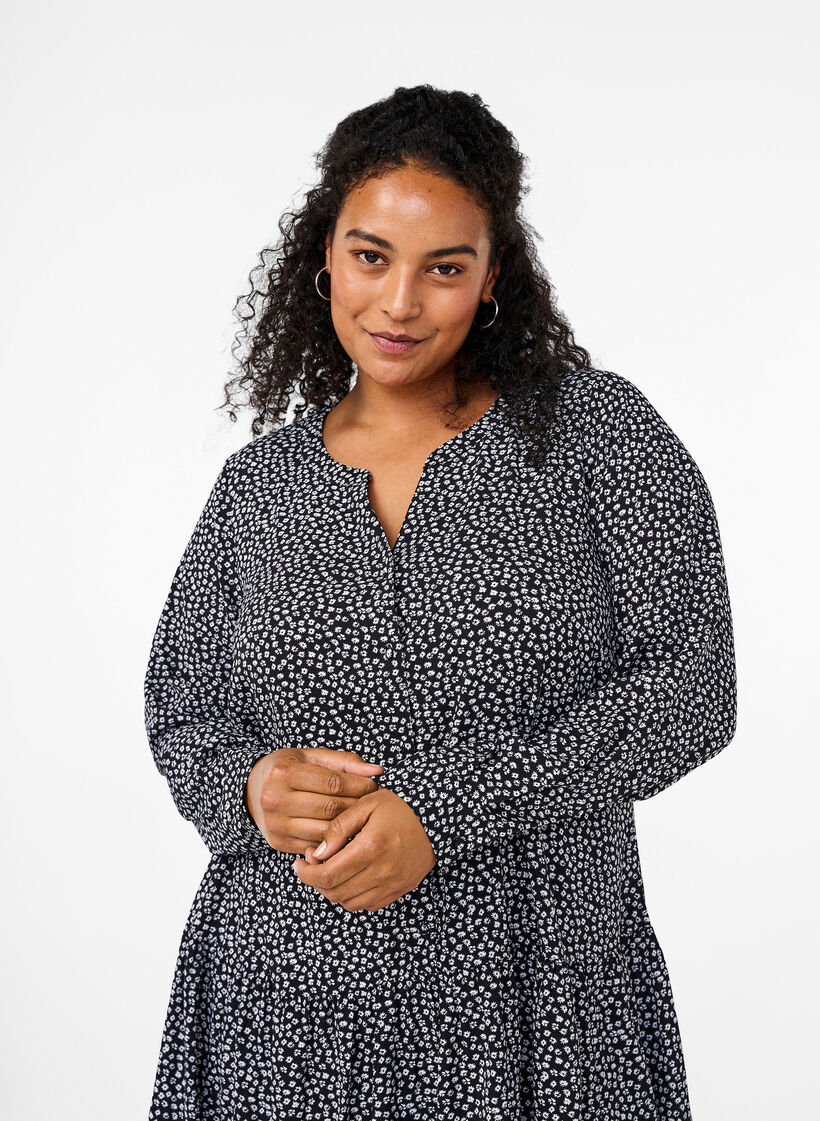 Midi-kjole med lange ermer, Black Small Flower, Model image number 2