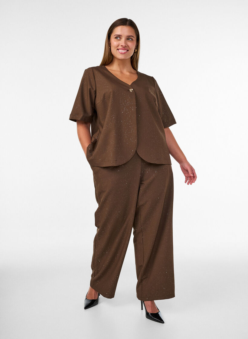 Bluse med glitter og V-hals, Brun, Model image number 1