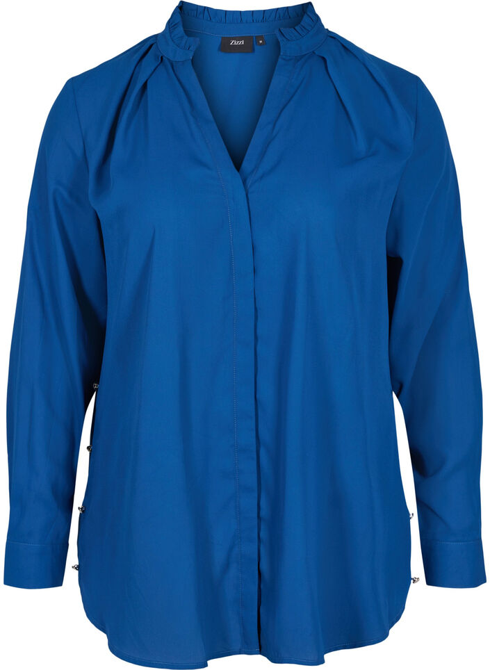 Langermet skjorte med volanger på kraven, Estate Blue, Packshot image number 0
