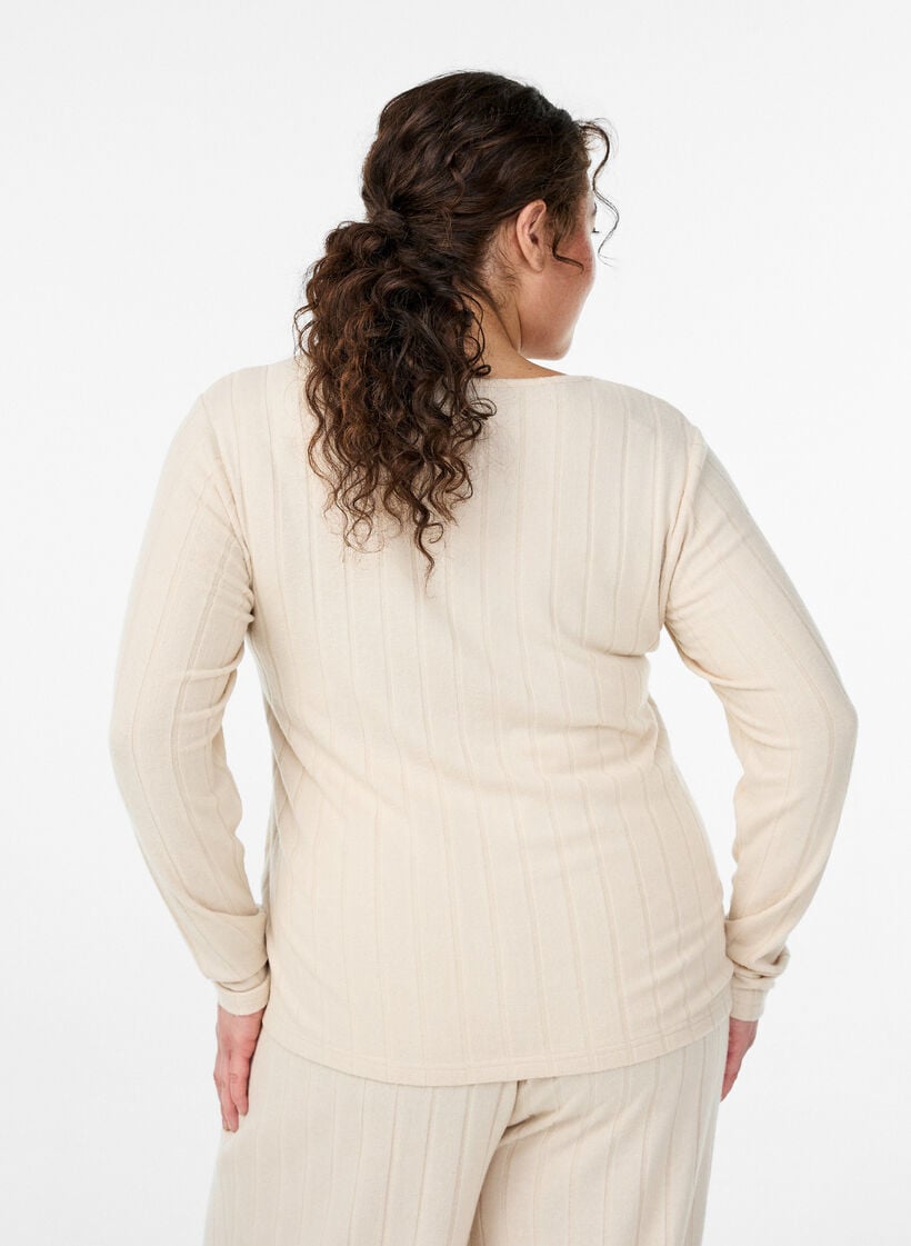Jerseybluse med firkantet hals og ribbet tekstur, Beige, Model image number 2