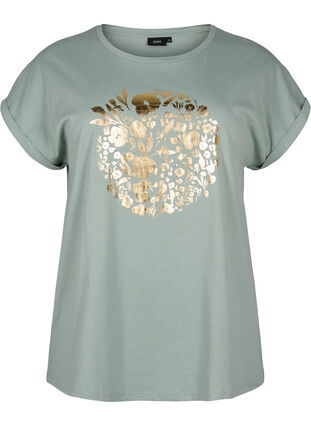 T-skjorte i økologisk bomull med gulltrykk, Ch.Green Gold Flower, Packshot image number 0