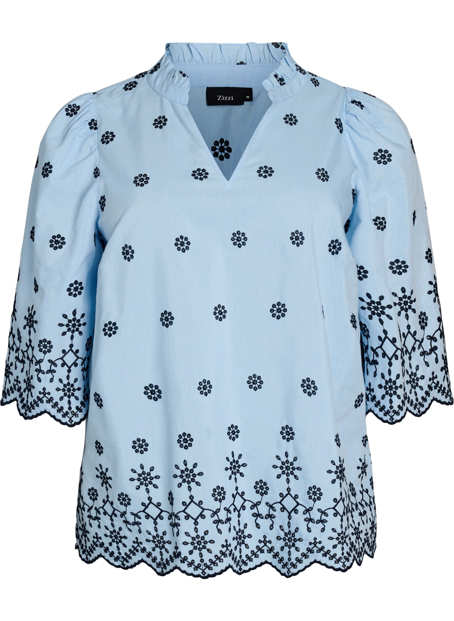Zizzi Bluse med 3/4 ermer og brodert m&oslash;nster, Bl&aring;, Packshot image number 0