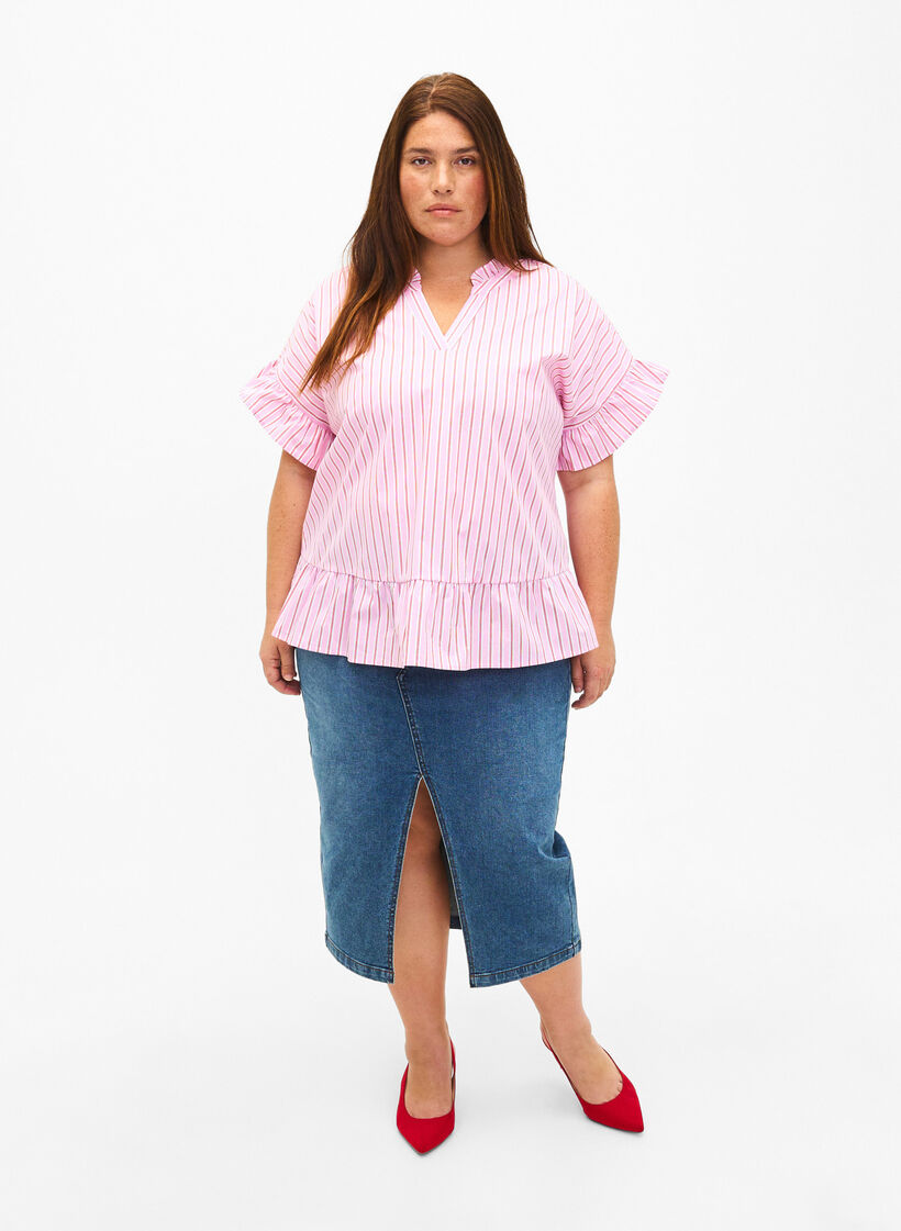 Stripete bluse med peplum og volangdetaljer, Pink Red Stripe, Model image number 2