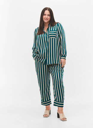 Stripete bukser med løs passform, Green Stripe, Model image number 0