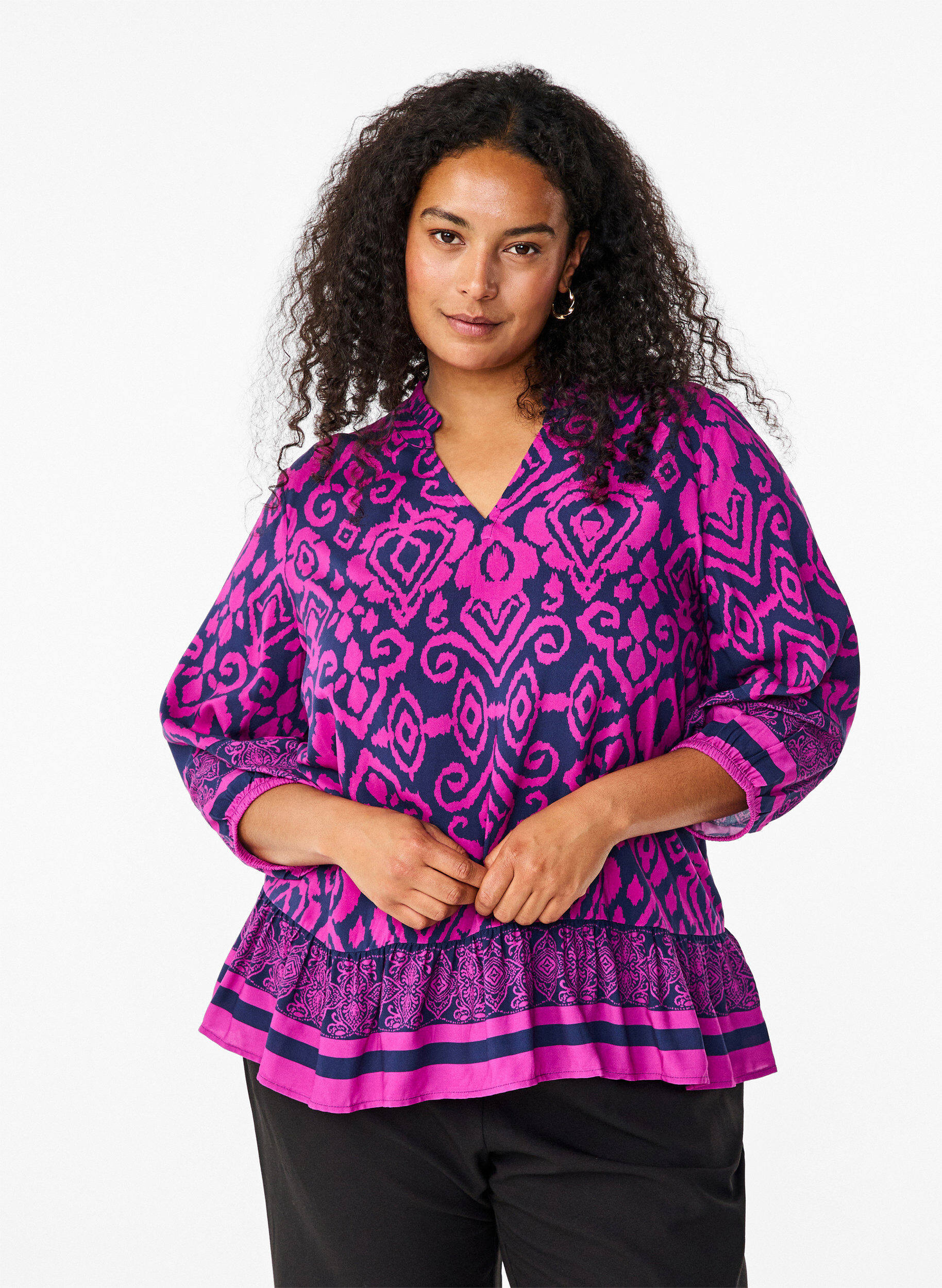 Zizzi Bluse med trykk og 3/4 ermer, Bl&aring;, Model image number 0