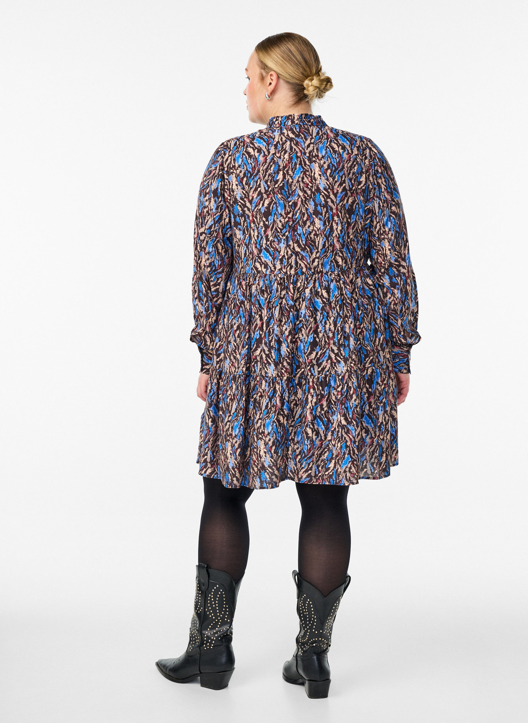 Zizzi A-line kjole med volangkrage, Bl&aring;, Model image number 2