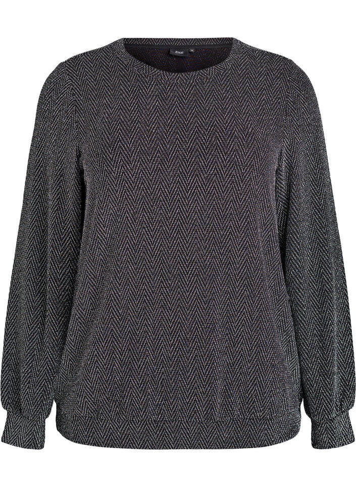 Bluse med fiskebensm&oslash;nster og glittertr&aring;d, Svart, Packshot image number 0