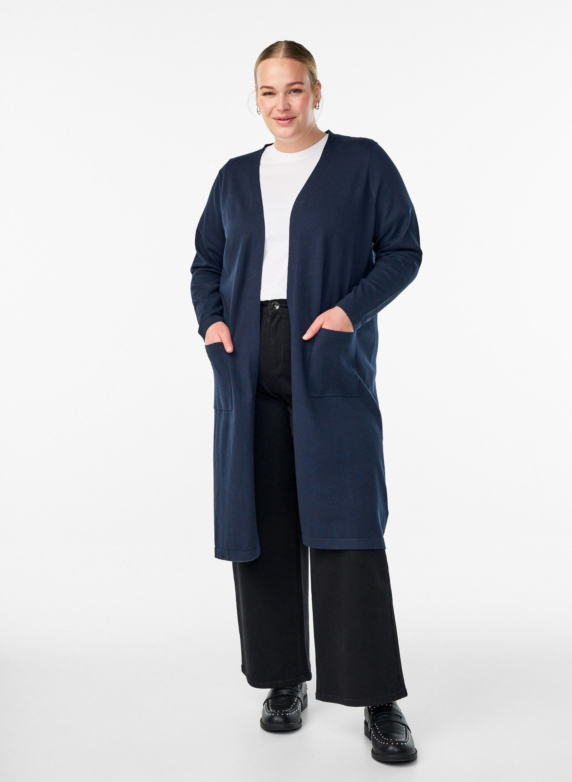 ZizziLang, &aring;pen cardigan med lommer, Bl&aring;, Model image number 0