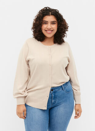 Ribbet cardigan med knappelukking, Pumice Stone, Model image number 0