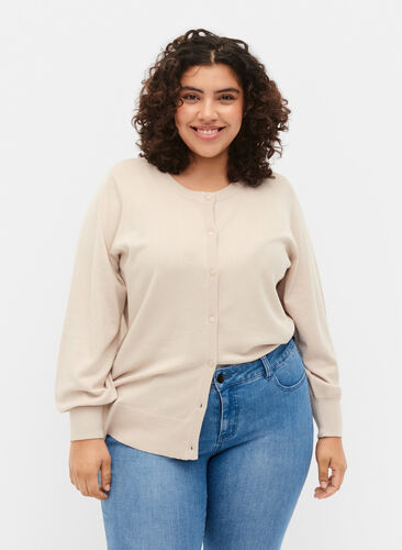 Ribbet cardigan med knappelukking, Pumice Stone, Model image number 0
