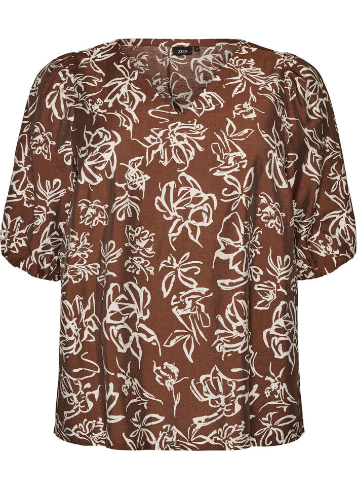 Viskosebluse med V-hals, Brun, Packshot image number 0