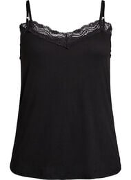 Ribbet jerseytopp med blondedetaljer, Black