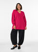 Lang ribbestrikket bluse med V-hals, Rosa, Model image number 1