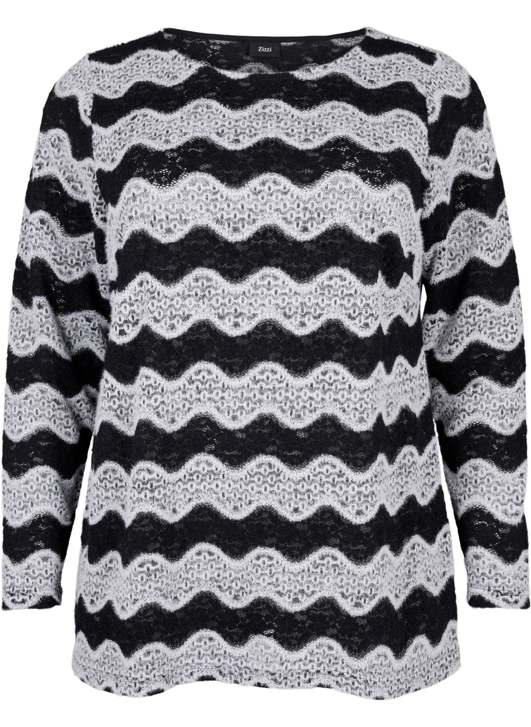 Zizzi Strikket bluse med b&oslash;lgem&oslash;nster, Black Stripe, Packshot image number 0