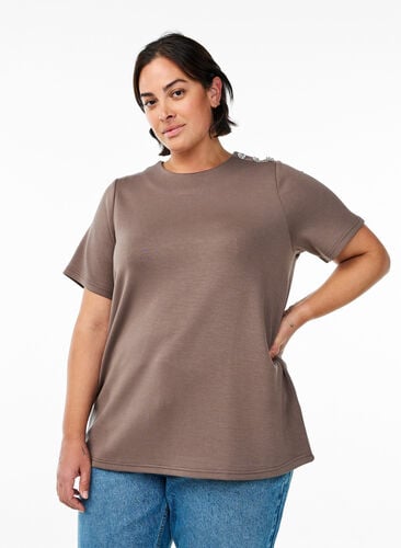 Zizzi Kortermet bluse med knappestolpe, Brun, Model image number 0