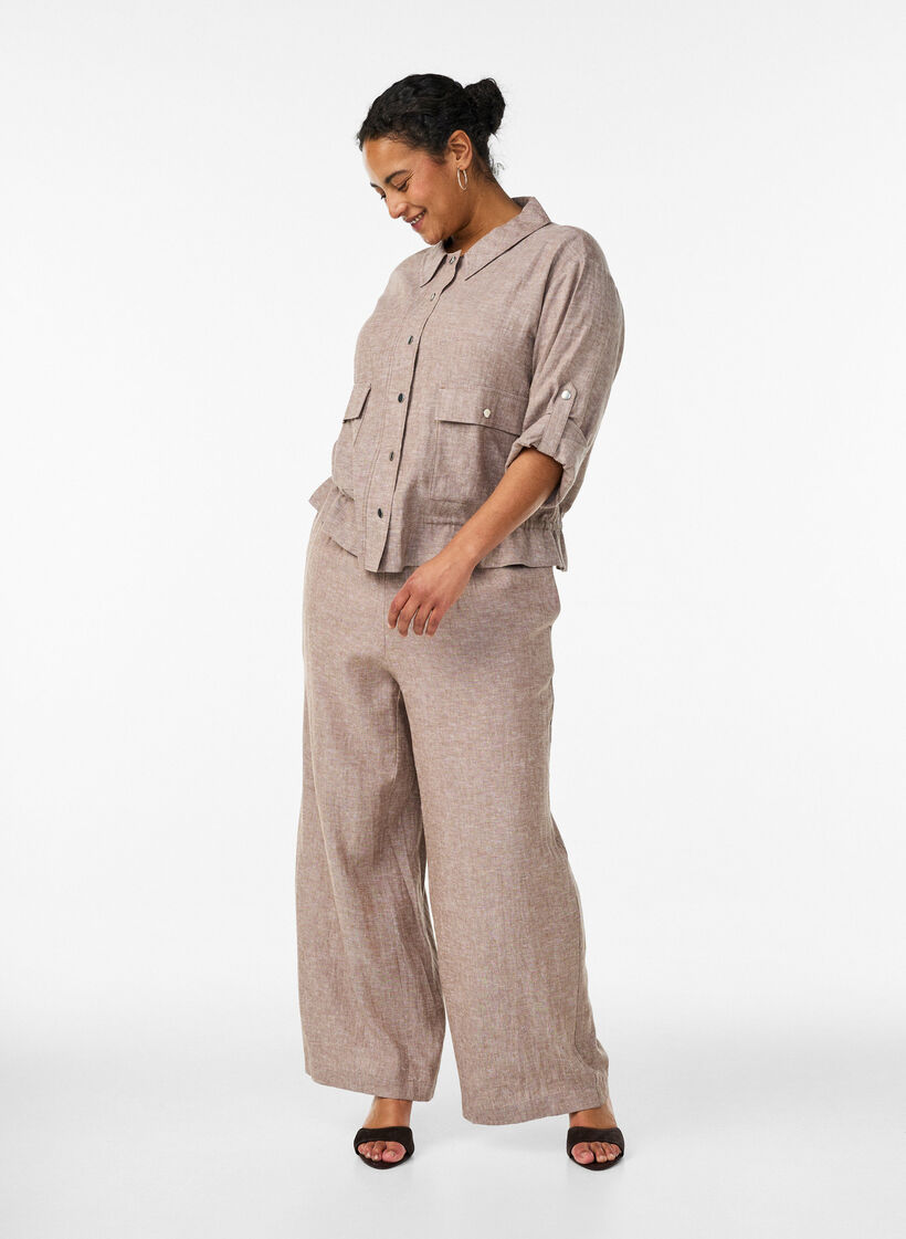 Skjorte-bluse i lin og viskose med justerbar midje, Brun, Model image number 1
