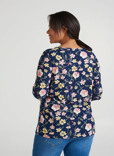 Langermet bluse med blomstermønster, blue w rose/yellow, Model image number 0