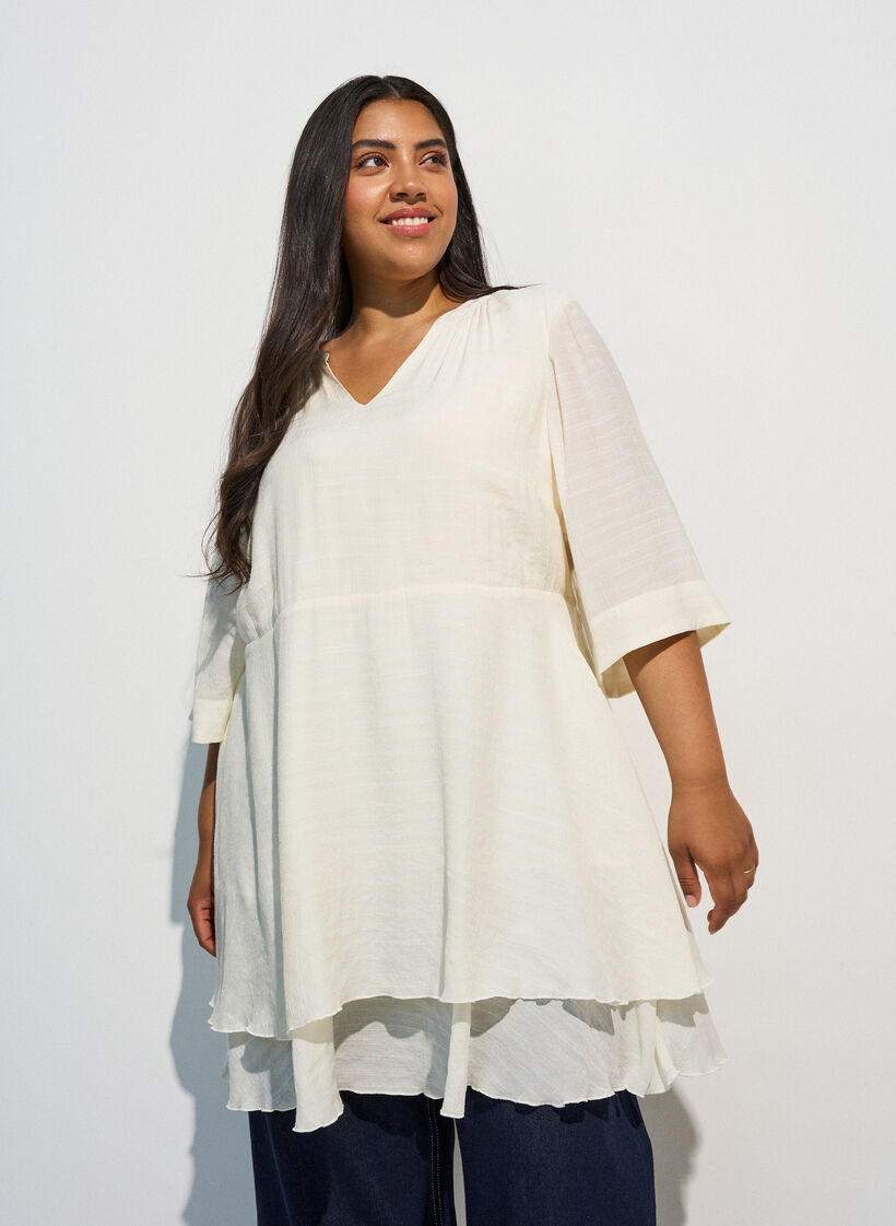 A-formet kjole med lagdelte volanger, Vanilje, Model image number 0