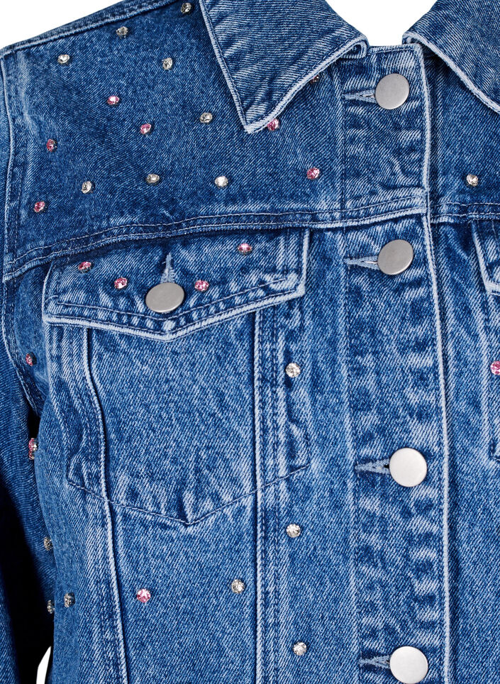 Denimjakke med rhinesteiner og en rå fold, Blue Denim, Packshot