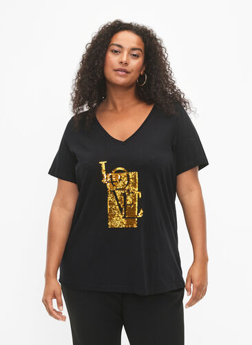 T-skjorte i bomull med paljetter, Black w. Love, Model image number 0