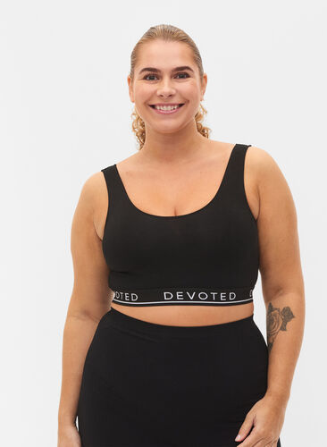 Sømløs BH med tekstprint, Black, Model image number 0