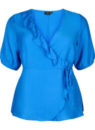 wrap Bluse i viskose med 1/2 ermer, Olympian Blue