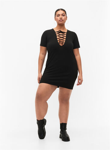Kort kjole med V-hals og snordetaljer, Black, Model image number 4