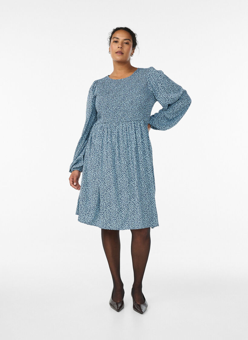 Kjole med smocket topp og sm&aring;blomstret m&oslash;nster, Bl&aring;, Model image number 1