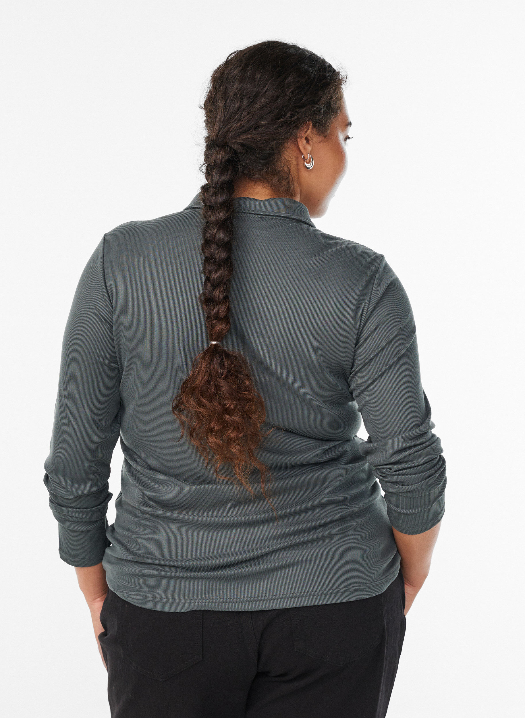 Zizzi Poloskjorte i myk ribb med lange ermer, Gr&oslash;nn, Model image number 2