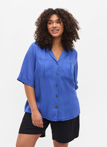 Kortermet skjorte med brystlommer, Dazzling Blue, Model image number 0
