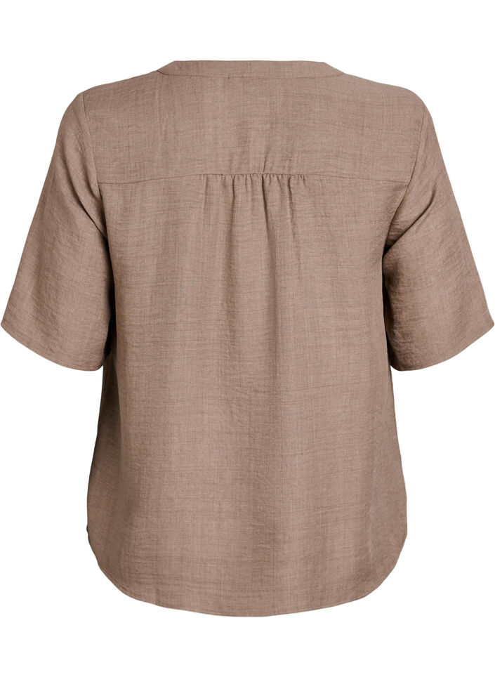 Skjortebluse med V-hals eog korte ermer, Brun, Packshot image number 1