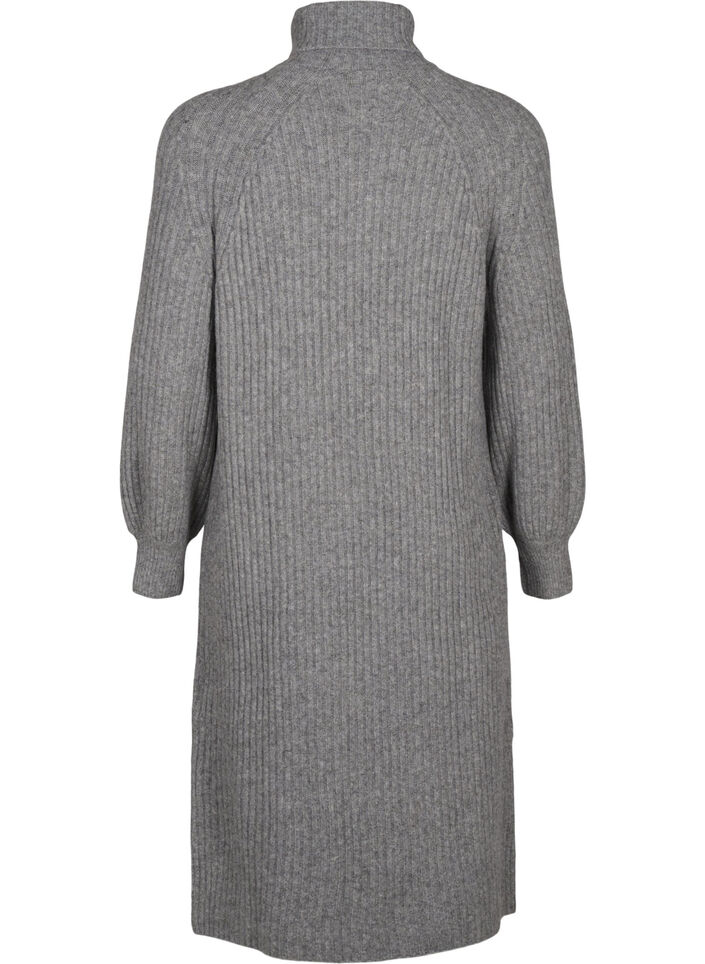 Lang strikket kjole med høy hals, Medium Grey Mel., Packshot image number 1