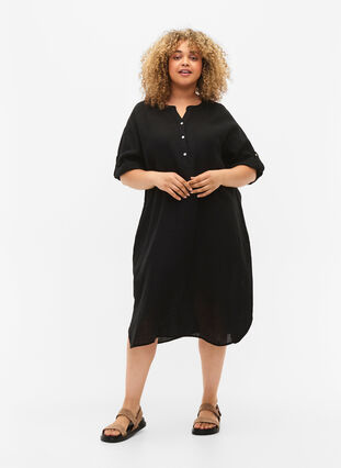 Kortermet kjole i 100% lin, Black, Model image number 2