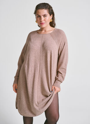 Zizzi Strikket kjole med rund hals og strikket mønster, Fossil Mel., Image image number 0