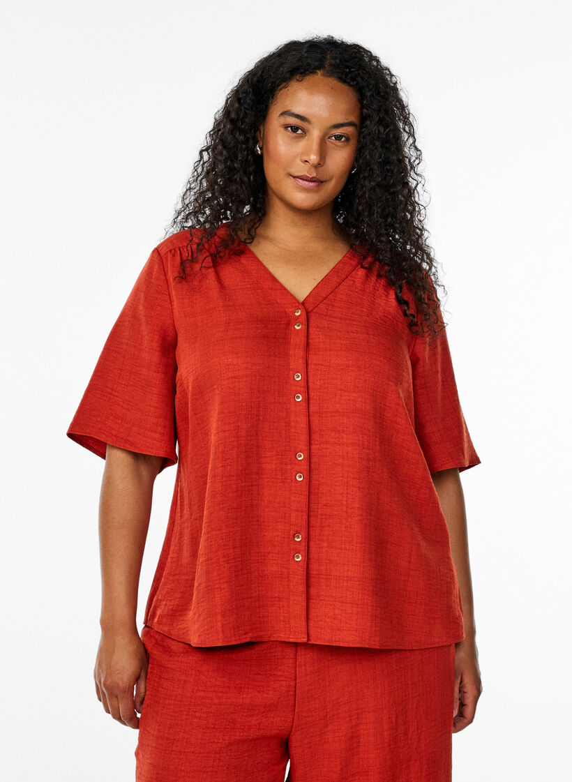 Skjortebluse med V-hals og korte ermer, R&oslash;d, Model image number 0