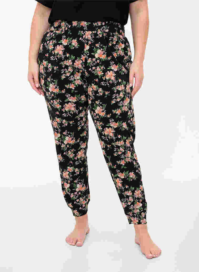 Pysjamasbukser med blomstermønster i bomull, Black Flower, Model image number 2