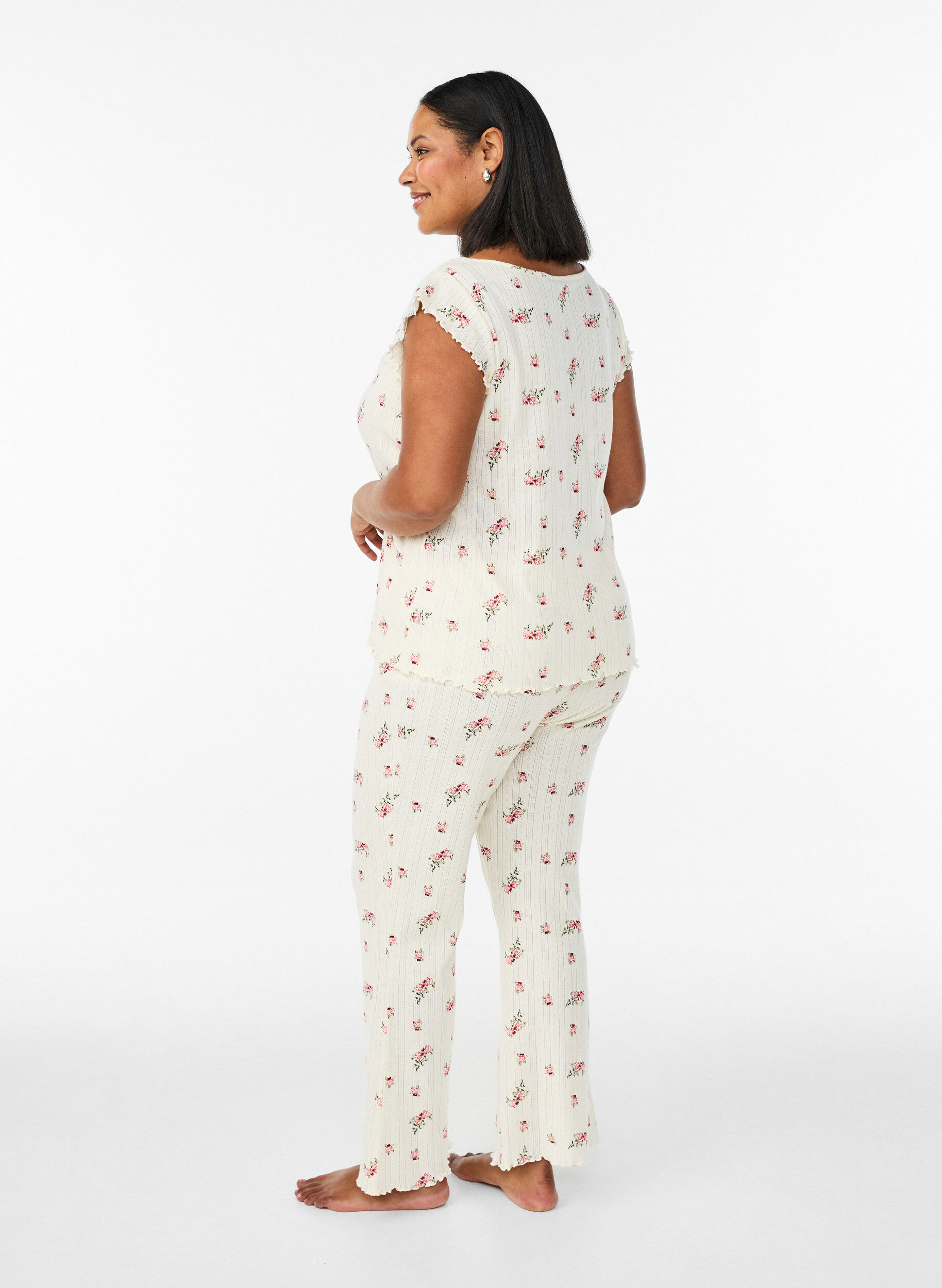 Zizzi Pyjamabukse i &oslash;kologisk bomull med strukturm&oslash;nster, Vanilje, Model image number 1