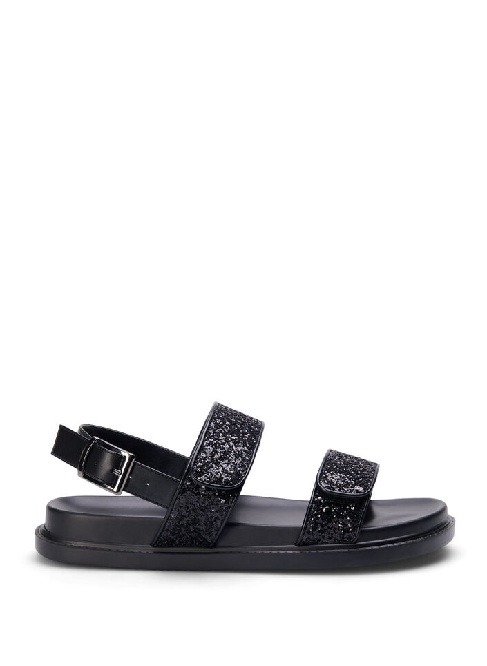 Wide fit - Glitter sandal med borrelåslukking, Svart, Packshot image number 0