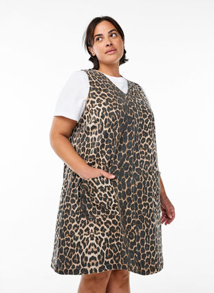 Zizzi Spencerkjole med lommer og leopardmønster, Brun, Model image number 0